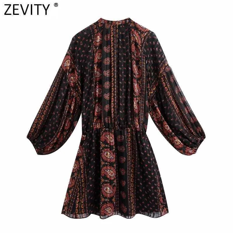 Zevity Femmes Vintage Totem Flower Print Mariffon Mini robe Femme Lantern Manche Kimono Vestido Chic Robes lâches décontractées DS4792 210603