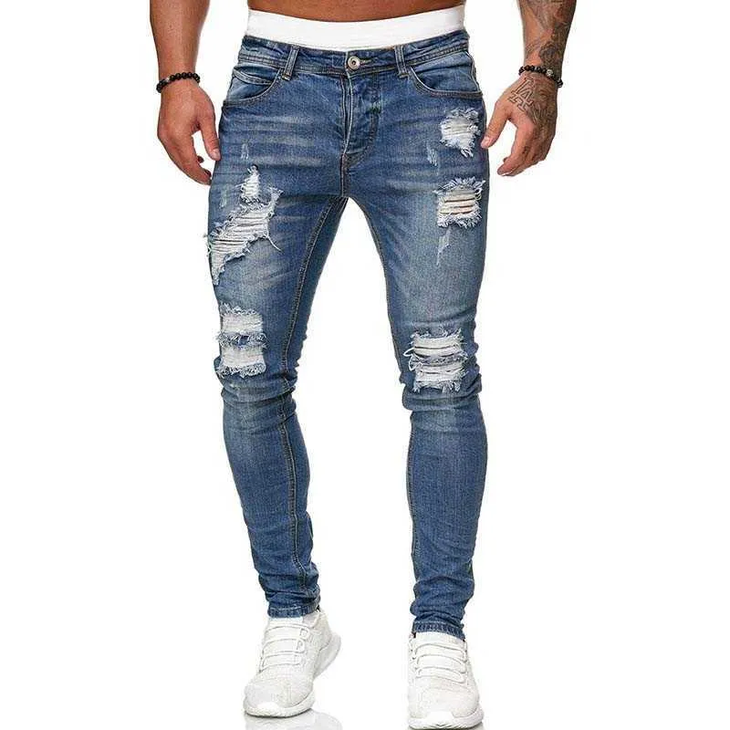 Męskie Ripped Skinny Jeans Blue Slim Fit Hole Ołówek Spodnie Casual Biker Spodnie Streetwear 2021 Wysokiej jakości odzież dżinsowa X0621