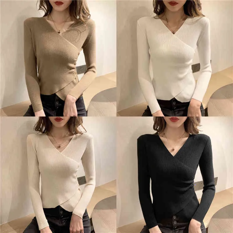 Outono Mulheres Cross V-Neck de V-Pescoço Pullovers Suéteres Meninas Malhas De Malha De Malha Botões Side Sweater Crop Tops Para Feminino 11784 210415