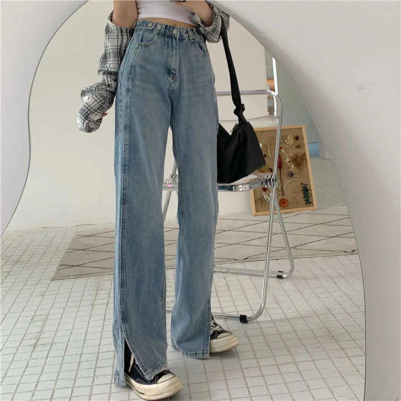 Yedinas Jeans a fessura retrò Donna a vita alta Pantaloni vintage blu Y2k in denim Pantaloni coreani a gamba larga femminile Figura intera 210527