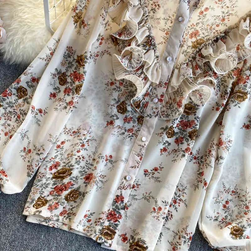 Singreiny Chiffon Floral Blus Kvinnor Vår O Neck Puff Sleeve Loose Ruffle Tops Boho Print Streetwear Blouses 210419