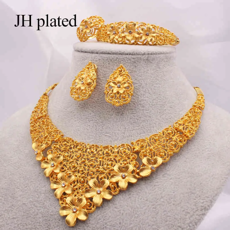 Dubai Gold Jewelry Set African Bridal Wedding Presents For Women Saudi Arab Halsband Armbandörhängen Ring Set Collares Jewellery1024044