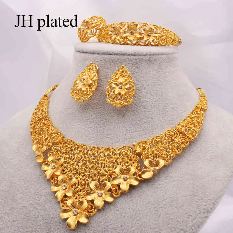 Dubai Gold Schmuck setzt afrikanische Brauthochzeitsgeschenke für Frauen Saudi -Arabische Halskette Armband Ohrring Ring Set Collares Jewellery3794336