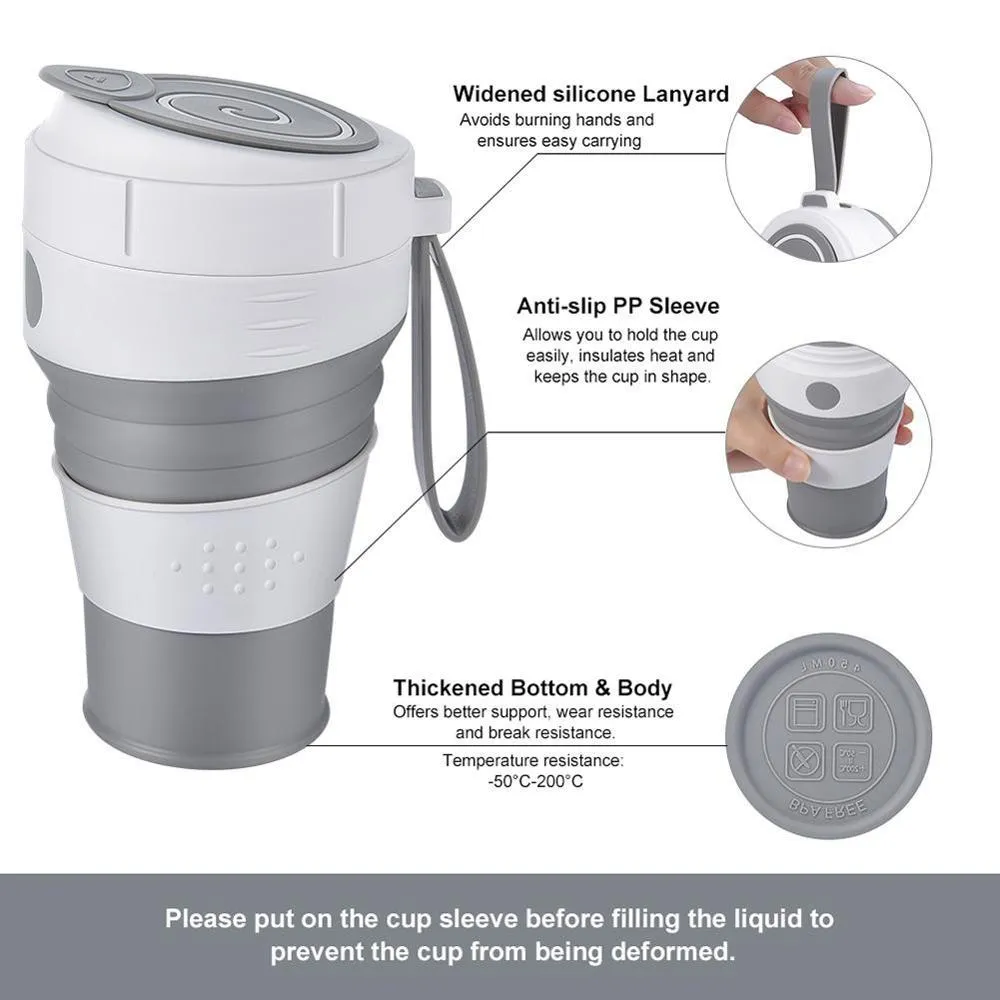 여행 하이킹 피크닉 음식 등급 BPA 접이식 커피 머그 2300p를위한 빨대 누출 방지 뚜껑이있는 450ml 실리콘 접을 수있는 커피 컵