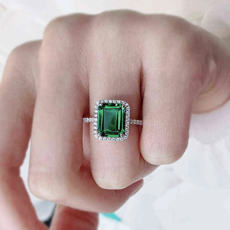 OEVAS 100% 925 Sterling Silver 8*10mm Emerald Wedding Rings For Women Sparkling High Carbon Diamond Party Fine Jewelry Wholesale Y220223