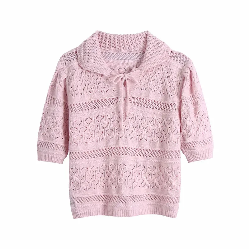 Pink Pointelle Knitted Crop Top Women Summer Thin Sweaters Fashion Drawstring Cut Out Short Sleeve Ladies Tops 210519