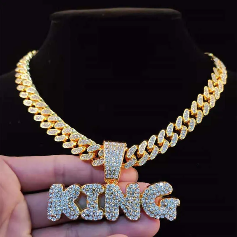 Uomini Hip Hop KING Lettere Ciondolo Collana con 13mm Miami Catena Cubana Iced Out Bling HipHop Collane Gioielli Moda Maschile 210721