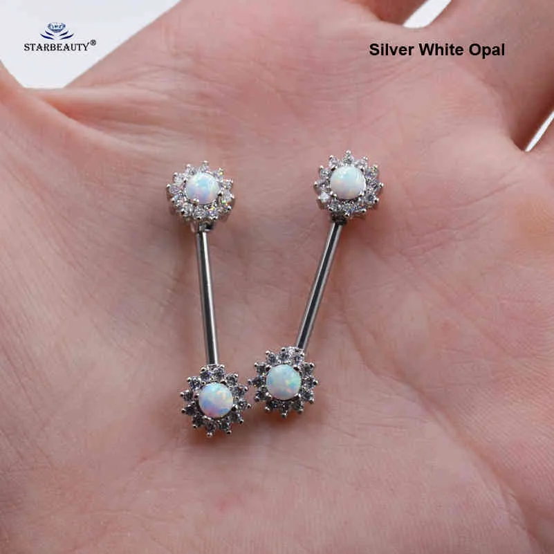 2 sztuk / partia 14G Luksusowy Naturalny Opal Pierścień Język Sutek Piercing Shield Rose Gold Color Stal Nierdzewna Barbell Sexy Biżuteria