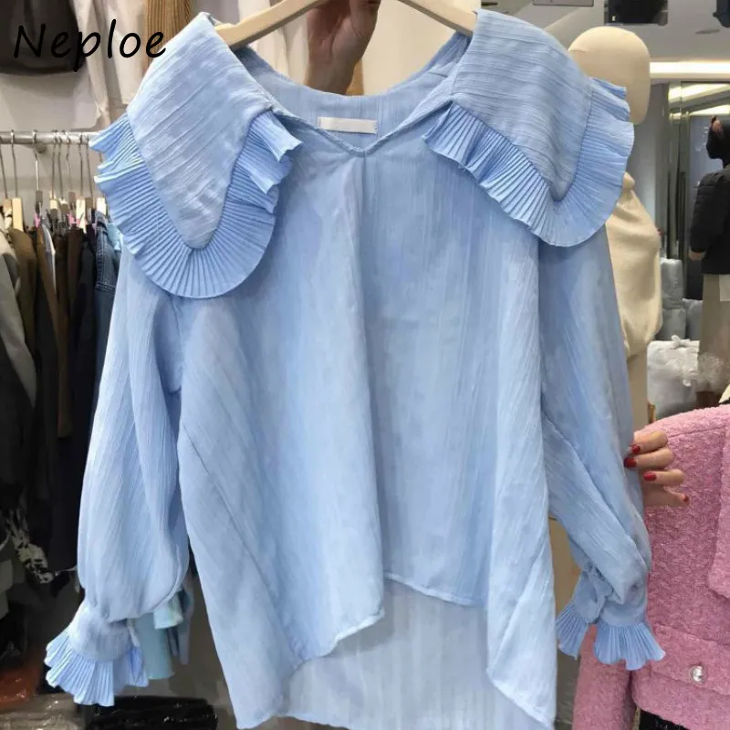 Peter Pan Collar Ruffles Patch Pulover Bluzka Kobiety Flare Z Długim Rękawem Solid Blusas Spring Luźna Koszula Feminino 210422