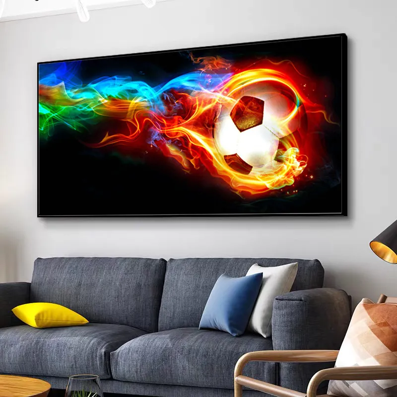 サッカーの抽象カラフルな炎包装されたサッカーポスターとプリントキャンバス絵画プリントウォールアートリビングルームの家の装飾cuadr8181434