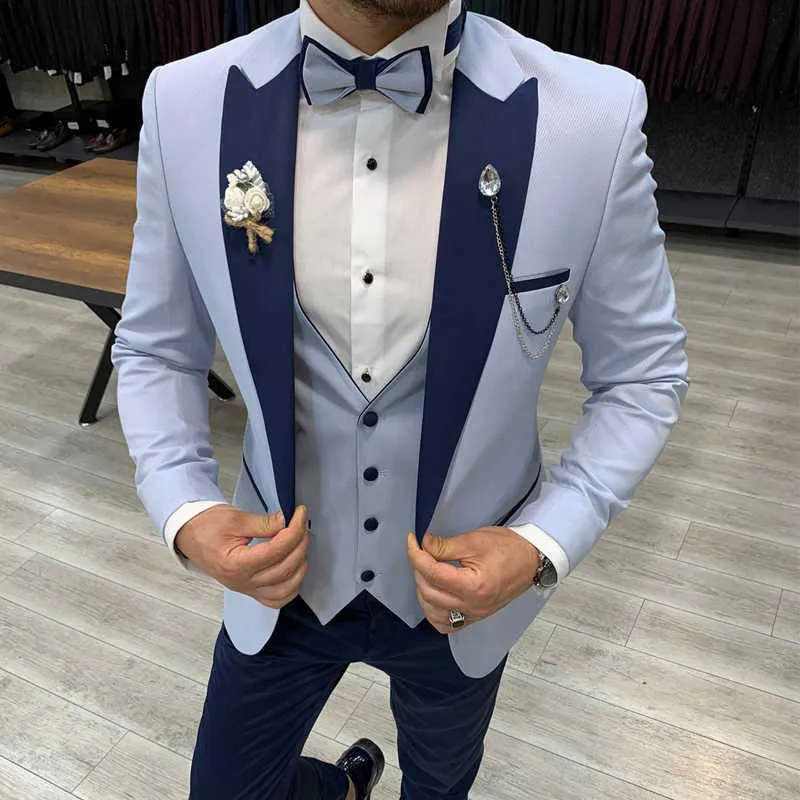 Light Blue Wedding Tuxedo for Groom Slim Fit Formal Men Suits with Navy Blue Pants Peaked Lapel Custom Male Fashion X0909