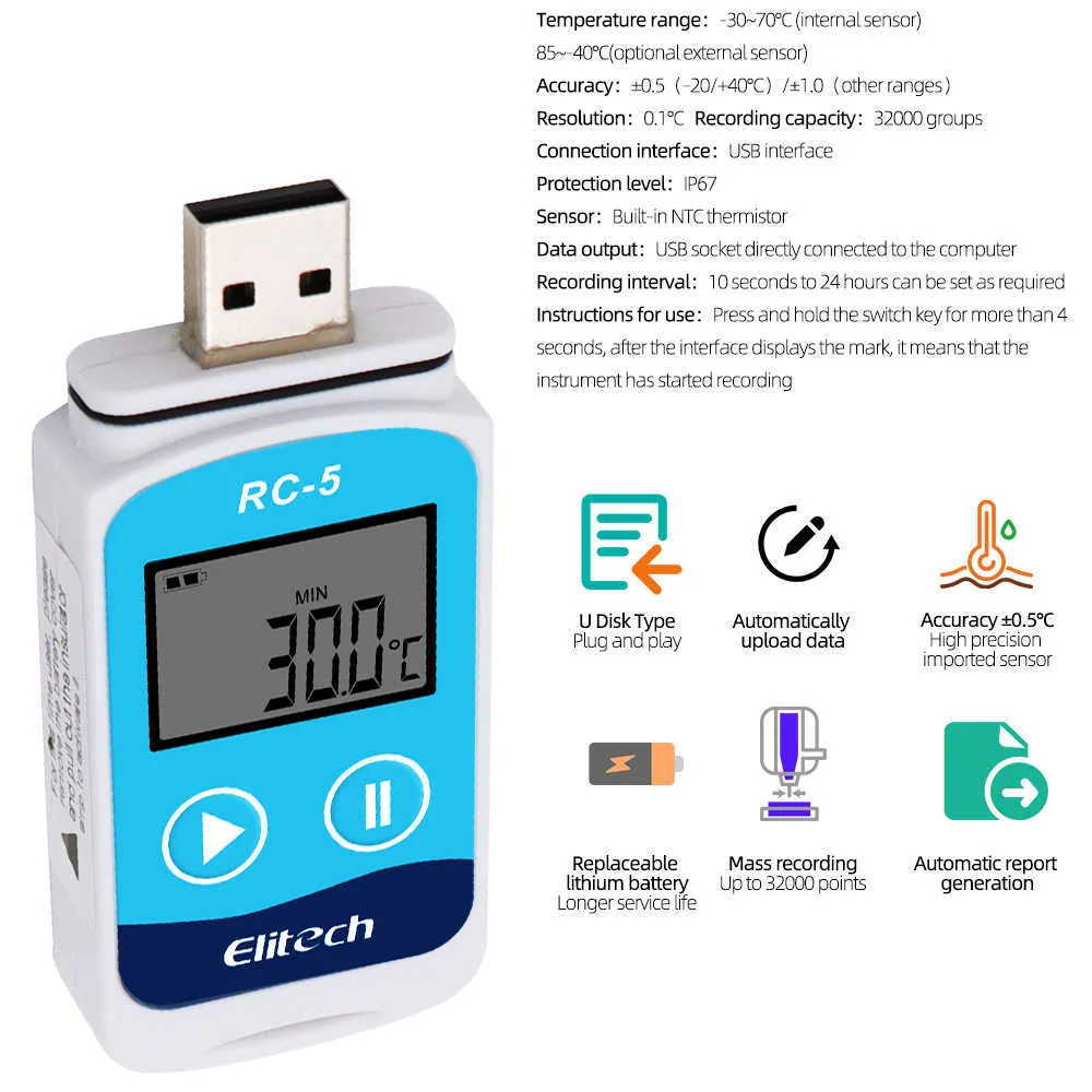 RC-5+ PDF-Temperaturdatenlogger RC-5 USB-Datenlogger Datenlogger-Recorder-Upgrade für Kühl- und Kühlkettentransportlabore 210719