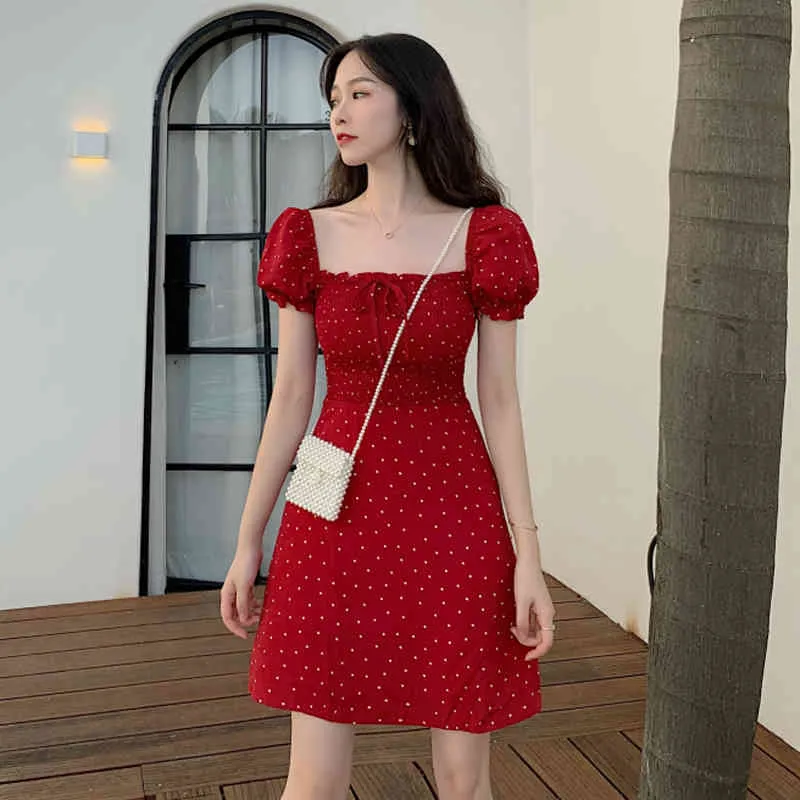 Dot Red Vestidos Koreanischen Stil Mode Sommer Frauen Kleid Puff Sleeve A-line Roben Mini Kleider 17112 210415