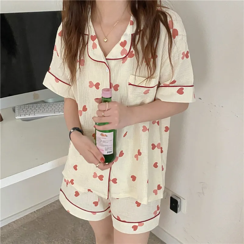 Summer Women Short Pajamas Sweet Nightwear Homewear Love Printing Cotton Loose Two Piece Suit Sets 210525