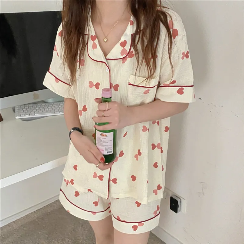 Zomer vrouwen korte pyjama's zoete nachtkleding homewear liefde afdrukken katoen losse tweedelige pak sets 210525