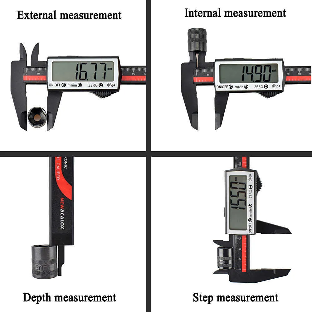 Acalox Carbon Fiber 0-6Inch / 150mm Touch Screen Digital Caliper Large LCD-tum / metrisk konvertering Mätverktyg 210922