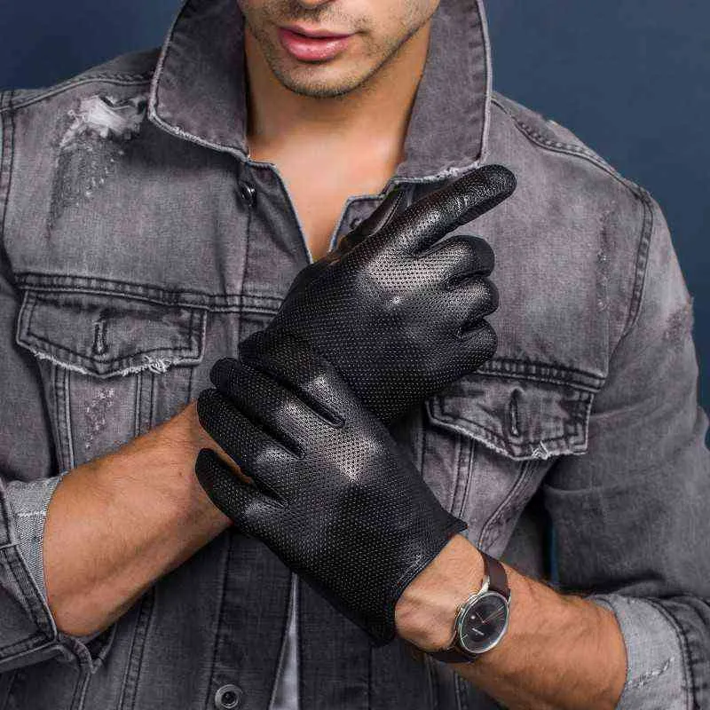 Men's Thin Genuine Leather Fit Gloves Male Breathable Soft Fashion Classic Goatskin Autumn Unlined touch screen Driving 211124