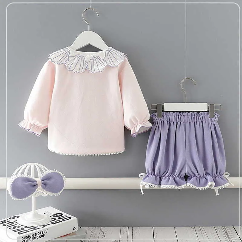 Lente Baby Meisjes 2-PCs Sets Lange Puff Sleeves Shell Shirts Top + Bow Shorts met hoofddeksels Kinderkleding E9120 210610