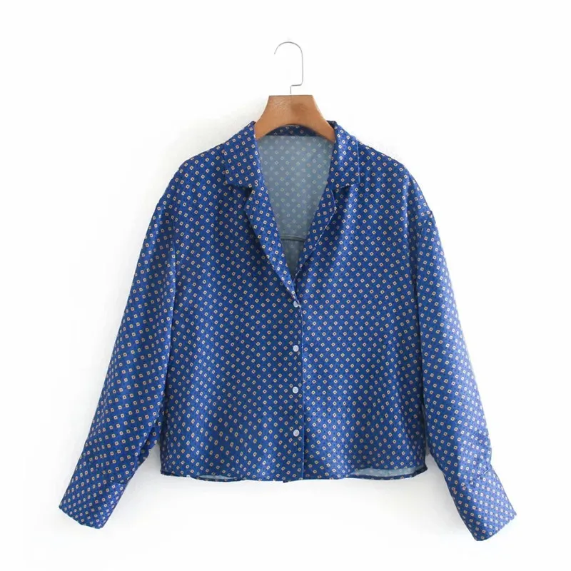 Bleu Mini imprimé boutonné chemise femmes Vintage revers col plissé à manches longues culture hauts dames lâches blouses décontractées 210519