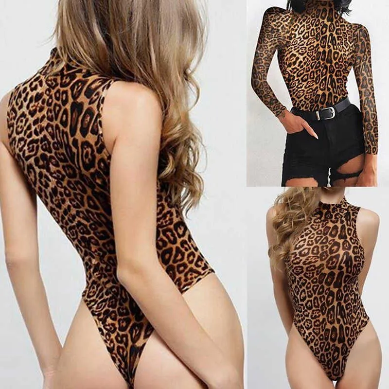 Body léopard sexy pour femmes Body Suit Col roulé sans manches Combishort Moulante Skinny Imprimé Romper Combinaisons Maillots de bain Casual Y0927