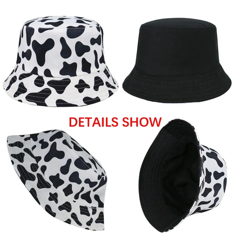 2021 Nouveaux chapeaux de mode réversibles noir blanc motif de vache chapeaux de seau casquettes de pêcheur pour femmes Gorras chapeau d'été en coton est disponible des deux côtés