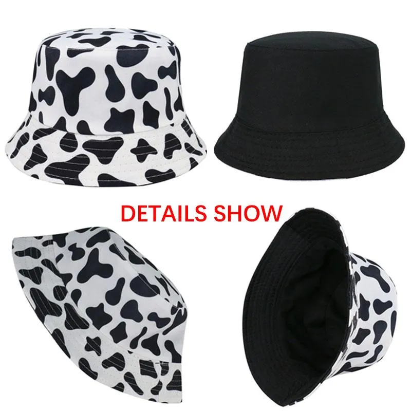 2021 Nova moda chapéus Reversível preto branco vaca padrão balde chapéus pescador Chapéu para mulheres Gorras Chapéu de algodão de verão está disponível em ambos os lados