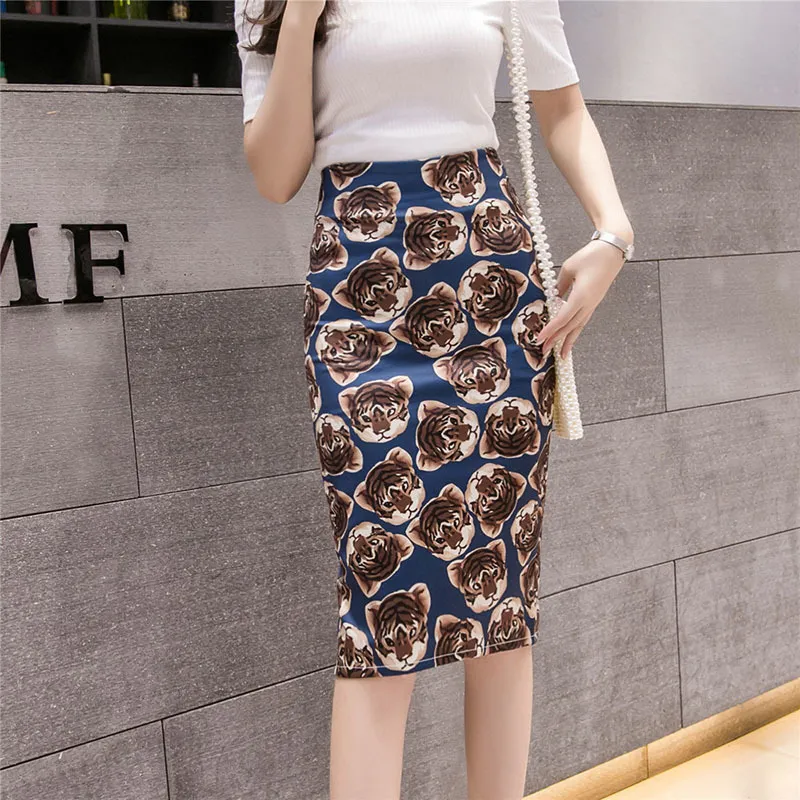 Women's Cat Tiger Print Skirt Summer Cartoon Pencil skirt Digital Graphic Sexy Skirts Split Office Lady Female Falda SP611 X0428