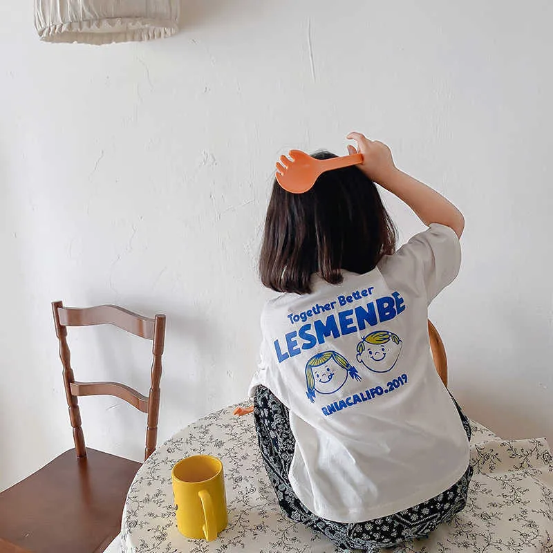 Style coréen unisexe enfants dessin animé lettre à manches courtes t-shirts été garçons filles coton lâche décontracté hauts 210615