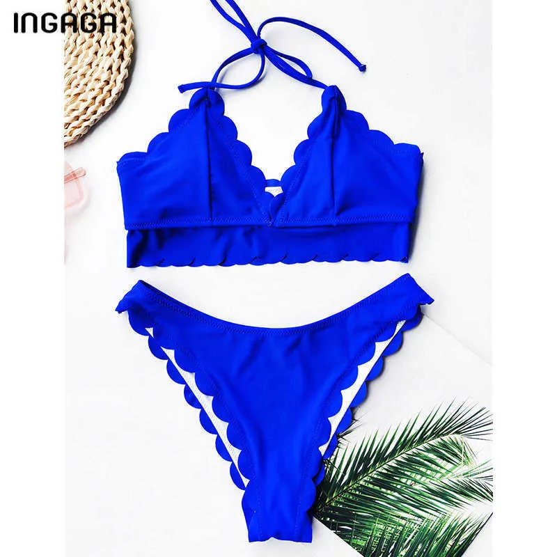 Ingaga Black Bikinis Push Up Swimsuits Swimwear Kobiety String Halter Kostium kąpielowy Koronki Biquini Beachwear Bikini Set 210629