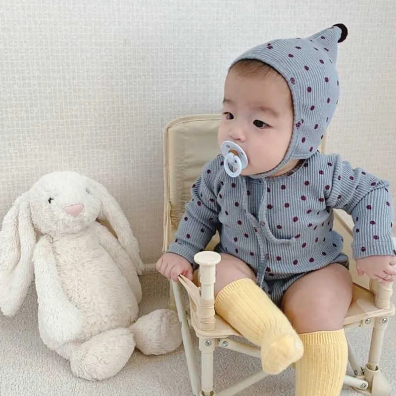 ベアリーダースプリングフルスリーブ赤ちゃん赤ちゃん女の子女の子ロンパース韓国生まれの水玉衣服幼児ガールジャンプスーツ帽子210708