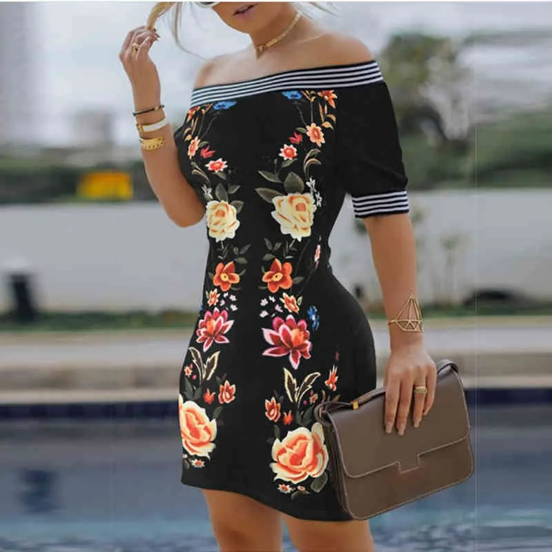 Eelegant Papagei Gedruckt Arbeitskleid Sexy Off Schulter Floral Kurzes Kleid Vintage Gestreiften Party Robe Femme 210521