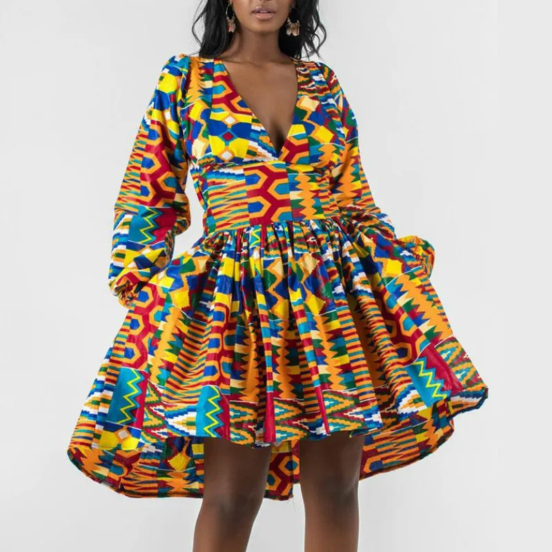 アフリカのプリントドレス女性のファッション長袖プリーツバックレススイングドレスレースアップニーレングス大型女性女性210416