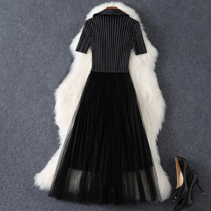 2021 Summer Short Sleeve Notched-Lapel Black Striped Tulle Panelled Pleated Double-Breasted Dress Elegant Casual Dresses XXL 21Q088B236239241242