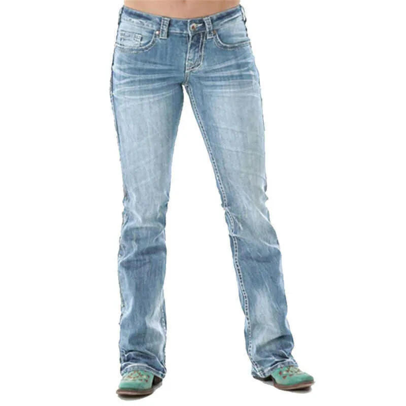 Automne mode femmes Denim bleu haute attente jean rétro plaine pantalons longs décontracté Style lavé confortable Streetwear pantalon 210922