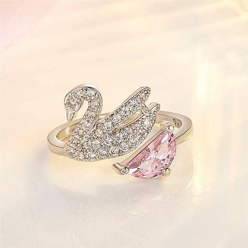 Anelli da donna Gioielli in cristallo Diamante zircone Anello cigno, semplice anello rosa placcato alla moda Cluster stili di fascia femminile