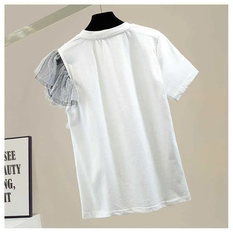 Мода дизайн Трехмерная волна точка сетки лоскутное o шеи с коротким рукавом футболка женские все матча топы 210615