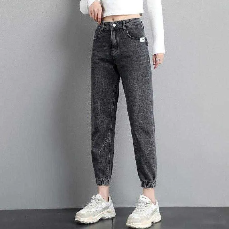Femmes Streetwear Cheville Banded Jeans Mode Coréenne Baggy Denim Cheville-Longueur Pantalon Pantalon De Survêtement Casual Lâche Harem 210708