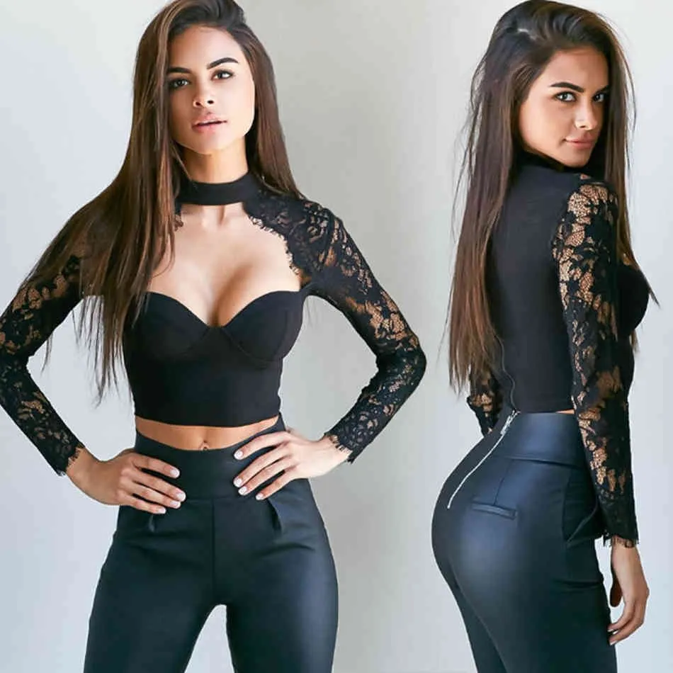 Moda sexy mujeres niñas tops encaje estampado floral bralette bralet sujetador bustier crop top delgado manga larga club de noche desgaste 210524