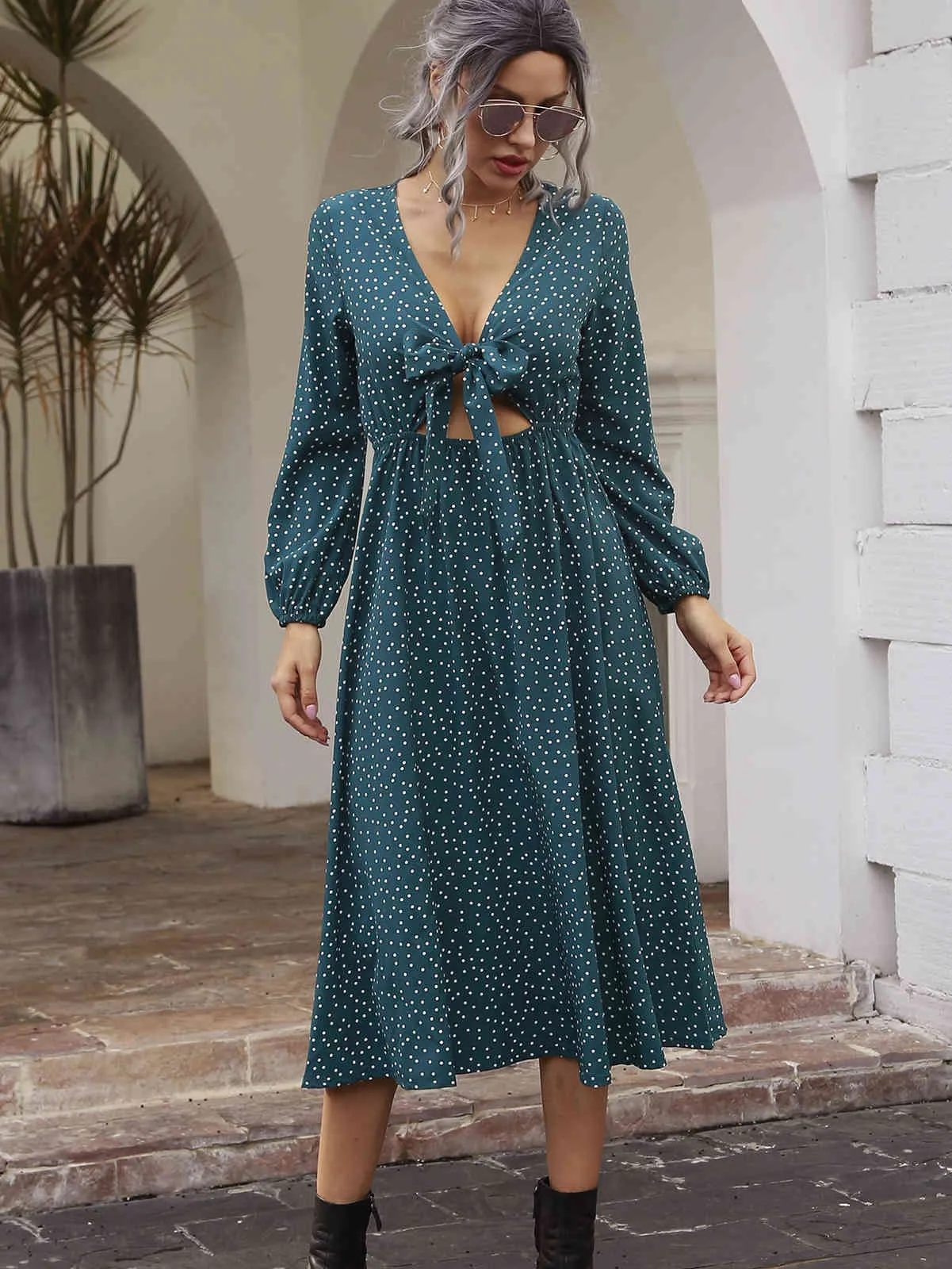 Moda Zarif Bel Polka Dot Yeşil Elbise Bayan Seksi Yay Tasarım Uzun Kollu V Yaka Elbise Vintage Boho Elbise Vestido 210514