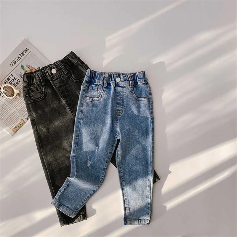 Spring autumn girls fashion silm jeans korean style kids pants children elasticity casual denim trousers 210615