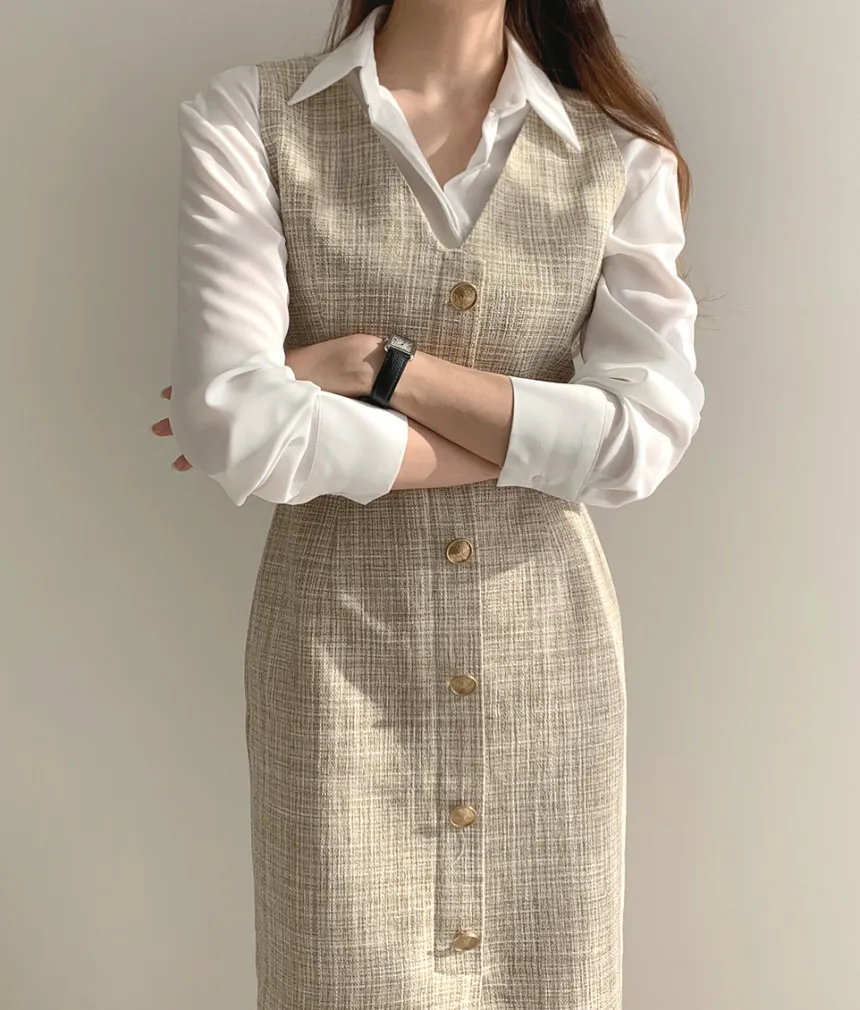 Spring coréen Office de deux pièces Ensemble femme chemise blanche + robe longue à poitrine à manches longues élégantes costumes féminines 210513