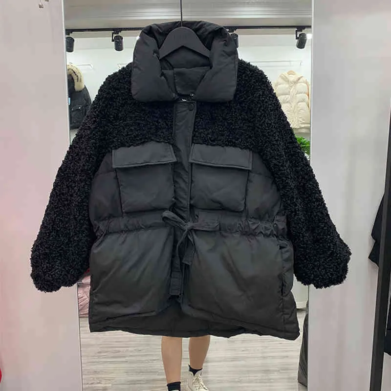 Winter Loose Down Jackets Women Warm Patchwork Lambswool White Duck Parka Streetwear Thickness Sash Tie Up Outwear 210423