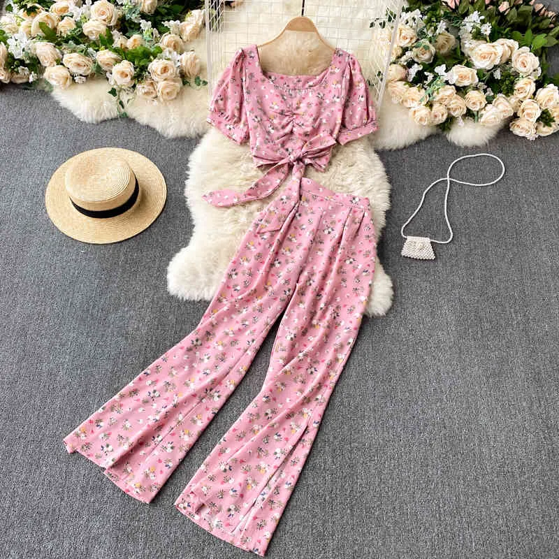 SINGREINY femmes été Boho Floral plage costume conception ceinture hauts courts + Sexy fendu taille haute jambe large pantalons longs deux pièces ensemble 210419