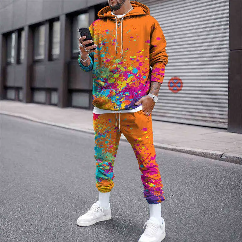 Autumn Winter Men's Set Warm Splash-Ink Print Casual Long Sleeve Oversize Hoodie Sweater Top+Sweatpant Tracksuit Outfit G1209