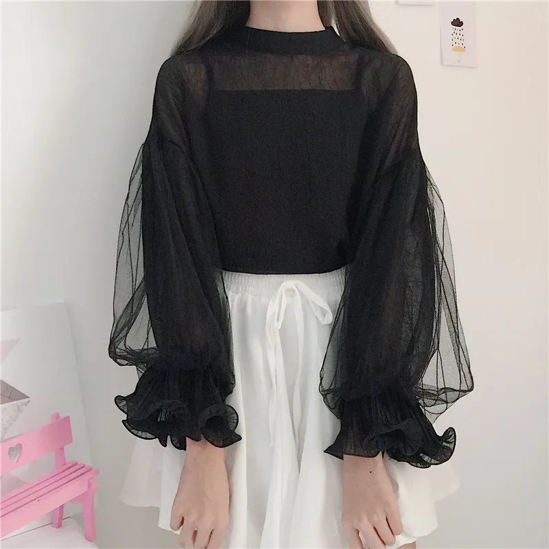 Camicette in chiffon Donna Kawaii Flare Sleeve Solid Blusas Mujer Ruffles Eleganti camicie stile giapponese Top in maglia 15999 210415