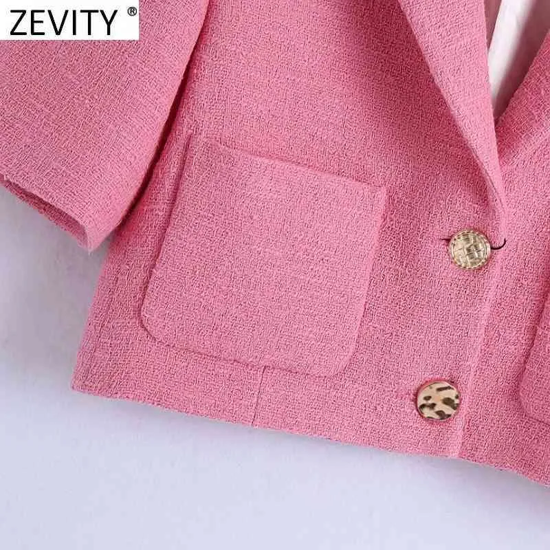 Femmes Angleterre Style Poches Patch Rose Solide Rose Court Tweed Laine Blazer Manteau Vintage Femme Survêtement Chic Tops CT679 210416