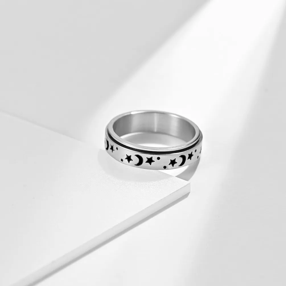 6mm en acier inoxydable lune étoile Spinner bande anneau exquis noir émail anneaux pour femmes hommes fête de mariage fiançailles bijoux cadeau 3000940
