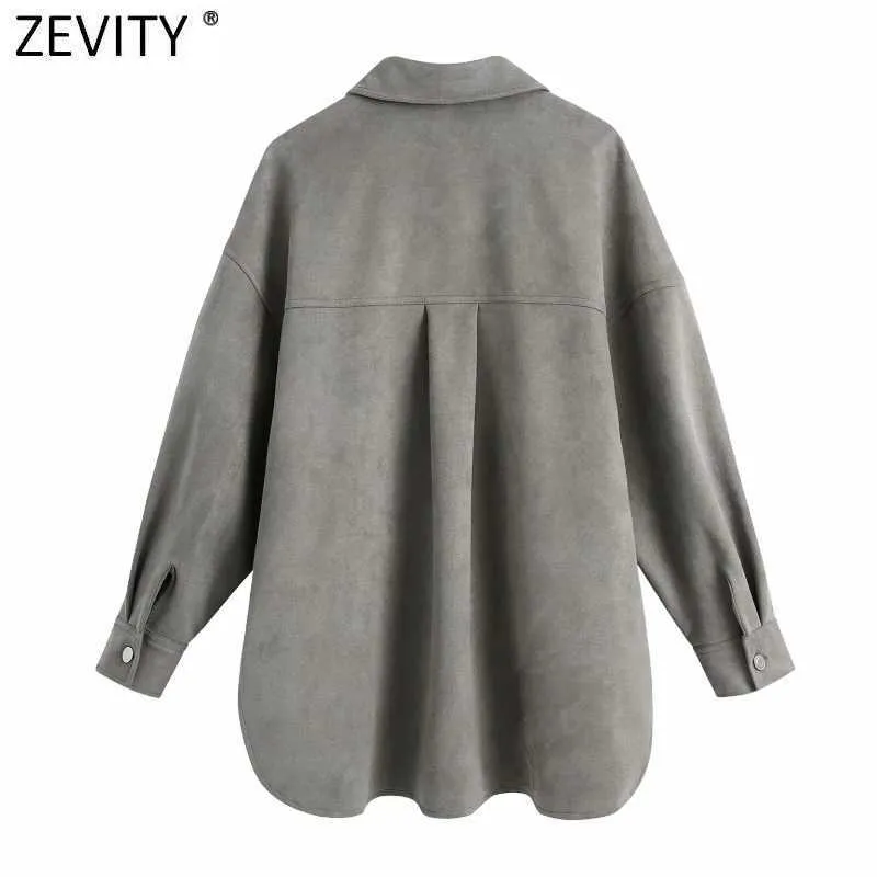 Zevity Donna Vintage Big Pcokets Patch Suede Smock Camicetta Office Ladies Monopetto Business Camicie Chic Blusas Top LS7439 210603