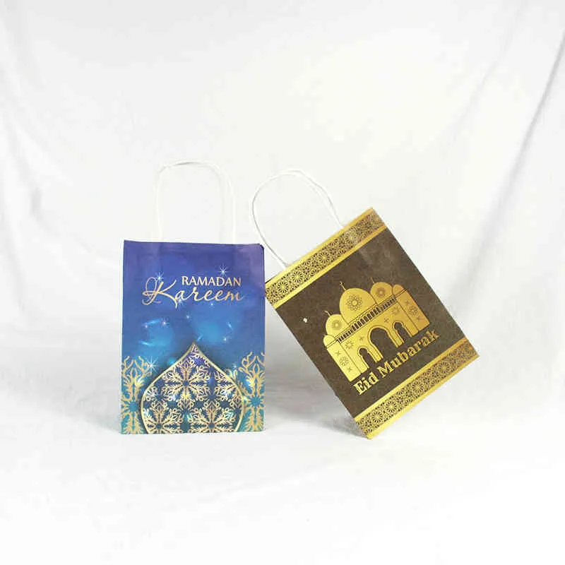 AVEBIEN 20x15x8cm Sacchetto Regalo Ramadan Sacchetto di Carta Kraft Musulmano Eid Mubarak Sacchetti di Tote Dorati 10/20/50 Pezzi Confezione Regalo Commemorativa 210402