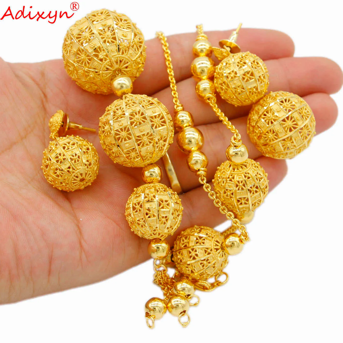 Adixyn Africain 24K Or Couleur Fine bijoux ensembles Ethnique Collier Boucles D'oreilles Bague ensemble pour Femmes De Mariée Cadeaux De Mariage N082812 H1022